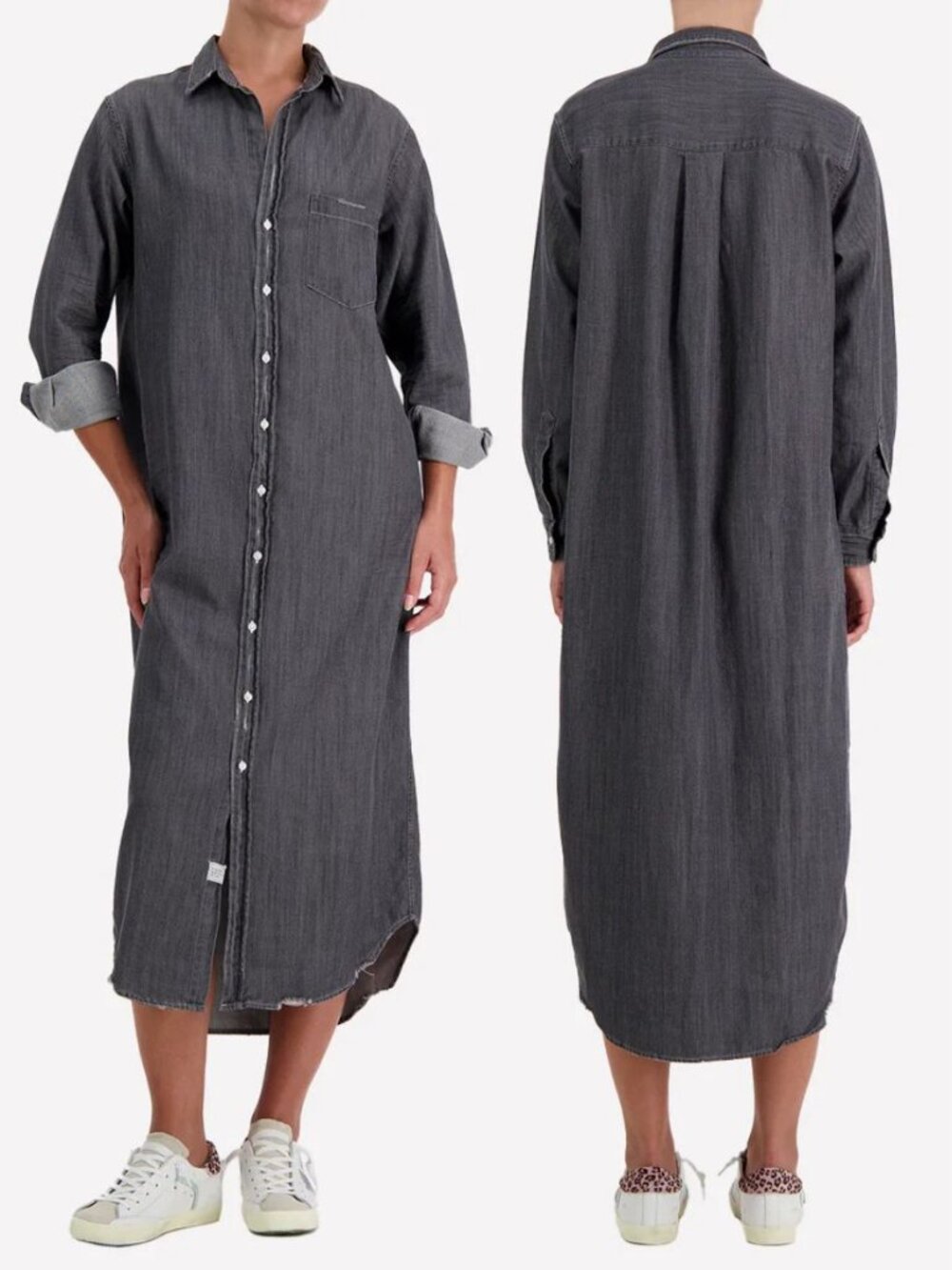 Frank & Eileen Rory Grey Washed Black Famous Denim Maxi Shirtdress Size XS - Picture 2 of 8